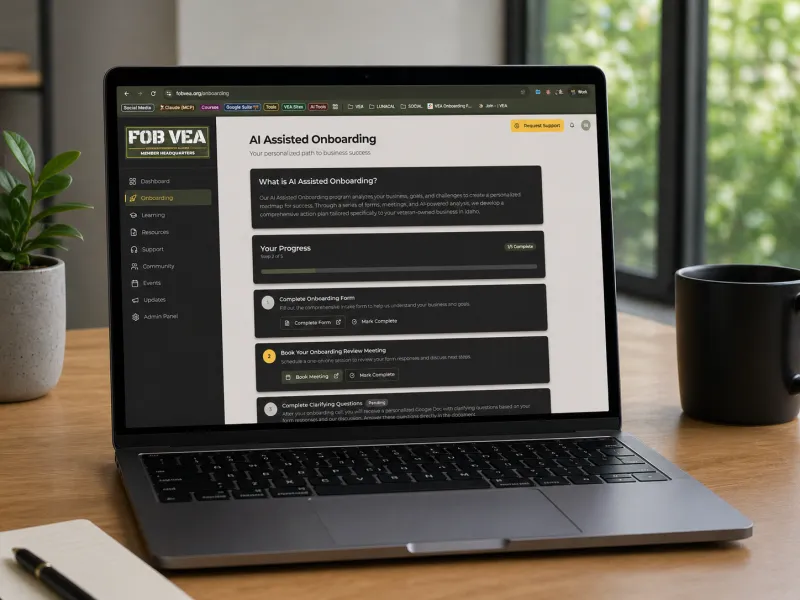 Veteran entrepreneur reviewing AI assisted onboarding dashboard on a laptop